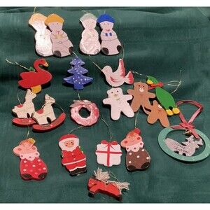 Vintage Christmas 20 Flat Wooden Hand Painted Ornament Lot Santa Snowmen Bears